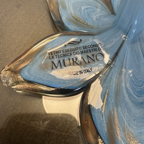 Vintage Hand-blown Murano Art Glass Flower W/Curled Stem Blue Clear Glitter - Picture 6 of 6